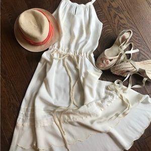 Vintage 80s, bohemian, spaghetti strap, embroidered, cream summer dress,…